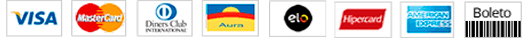 Formas de pagamento: Visa, Mastercard, Diners Club, Aura, Elo, Hipercard, American Express, Boleto e Pix